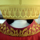 The Pope will don this red chasuble, made of Thai silk with traditional Thai embroidery, during the Holy Mass for youth at Assumption Cathedral on Friday.