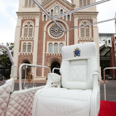A popemobile, one of two which will serve Pope Francis, is showcased at Assumption Cathedral in Bang Rak.