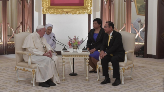Pope Francis meets with the Prime Minister of Thailand, Prayuth Chan-ocha, ahead of his address to authorities, civil society, and members of the diplomatic corps. (Vatican Media)
