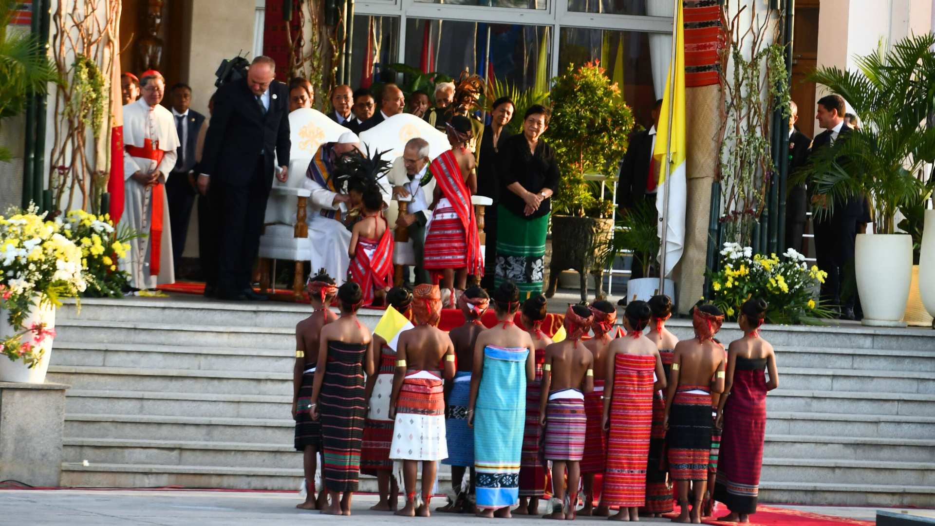 Pope Francis was greeted by Timor Leste's children with their cultural dress at the Presidential Palace in Dili on September 9, 2024. Pope Francis was greeted by Timor Leste's children with their cultural dress at the Presidential Palace in Dili on September 9, 2024.
