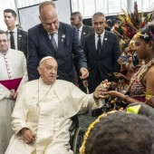 Pope Francis is welcomed to the Governor-General's House in Port Moresby and he greeted them on September 07, 2024. 